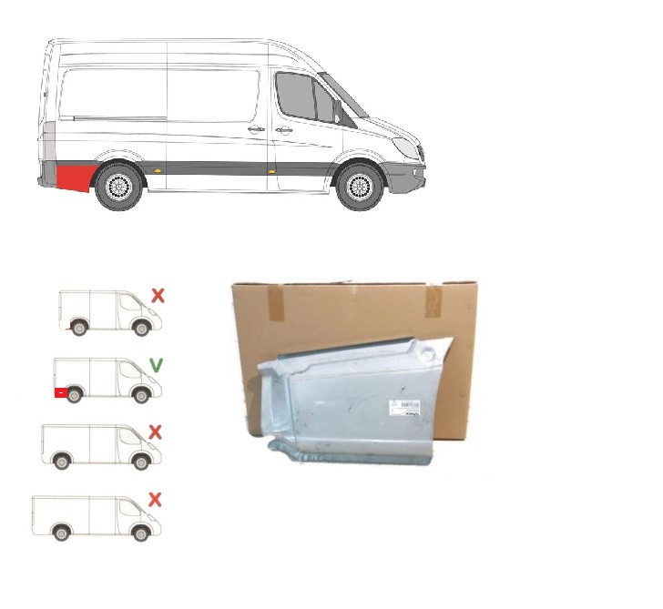 Set reparatie aripa spate VW CRAFTER (2E), 12.2005-04.2017; MERCEDES SPRINTER, 07.2006-2018, partea dreapta, fara locas ornament, in spatele carcasei rotii; Lungime 635, inaltime 390 mm, model spatiu incarcare L=3265mm, versiune standard