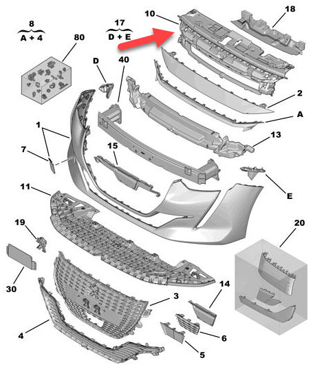 Ornament fixare superioara panou fata PEUGEOT 208, 06.2019-, plastic