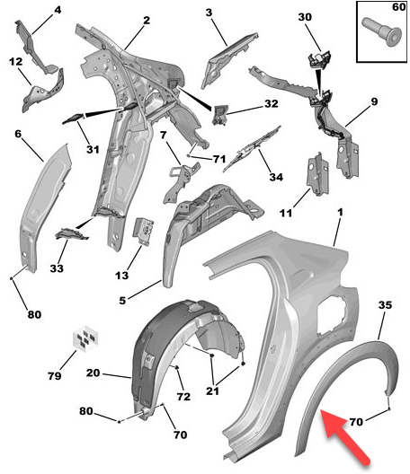 Bandou aripa spate PEUGEOT 208, 06.2019-, partea stanga, Negru stralucitor, modele GT