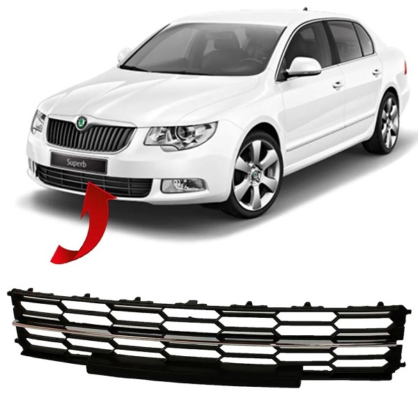 Grila bara fata SKODA SUPERB (3T), 06.2013-07.2015, cu laminat cromate; negru; centru