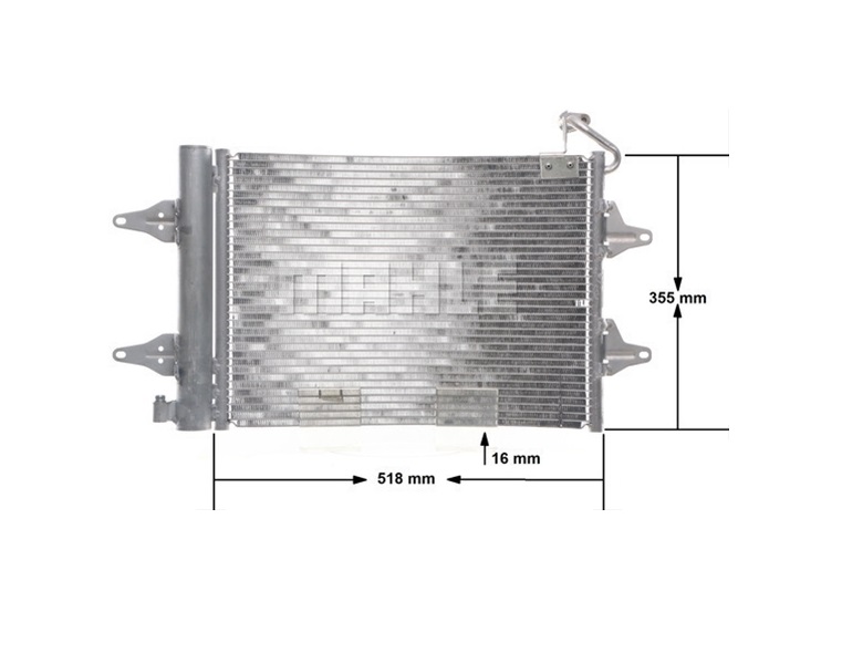 Condensator climatizare AC OEM/OES (Behr/Mahle), SEAT IBIZA/CORDOBA (6L), 2002-2009; Skoda FABIA, 6Y/5J, 1999-2010; ROOMSTER, 2006-2010, VW FOX, 2005-; POLO (9N), 2001-2009, aluminiu/ aluminiu brazat, 510(475)x355x16 mm, cu uscator si filtru integrat
