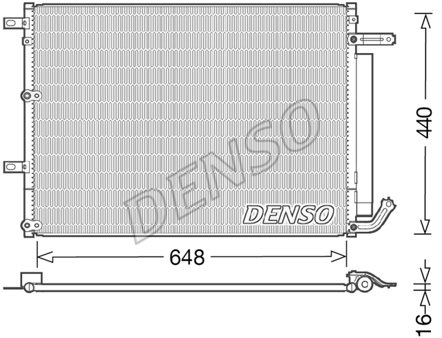 Condensator climatizare AC Denso, JEEP CHEROKEE (KL), 04.2014-08.2018 ; motor 2.0 CRD; 2.2 M-Jet; 2,4; 3,2 V6, aluminiu/ aluminiu brazat, 645 (605)x455 (440)x16 mm, cu uscator si filtru integrat
