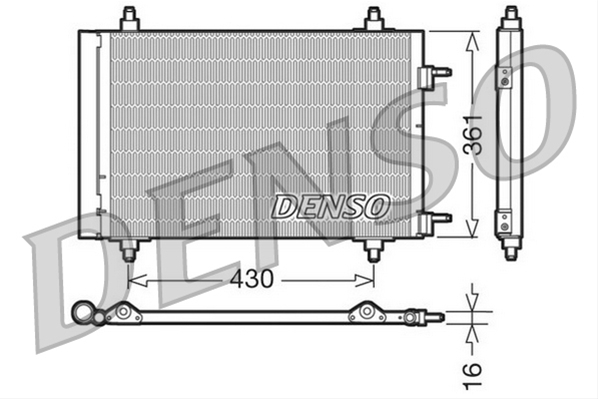 Condensator climatizare AC OEM/OES (Denso), Citroen BERLINGO, 04.2008-; C4, 11.2004-; Peugeot 307, 2000-2009; 308, 2008-2014; PARTNER, 2008- motor 1,4; 1,6; 2,0/2,0 HDI, aluminiu/ aluminiu brazat, 565(525)x360x16 mm, cu uscator si filtru integrat