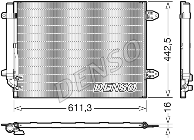 Condensator climatizare AC Denso, VOLKSWAGEN PASSAT (B6/B7), 2005-2014; PASSAT CC, 2008-2012; CC, 05.2015-12.2016; motor 1,6 TDI; 2,0 TDI, aluminiu/ aluminiu brazat, 610(575)x440x16 mm, cu uscator filtrat