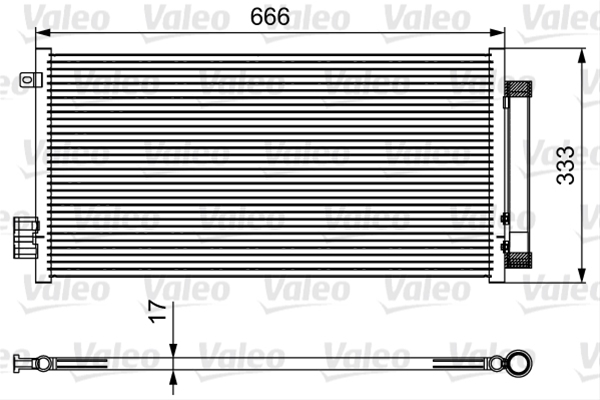 Condensator climatizare AC Valeo, FIAT 500L, 02.2013-; TIPO, 10.2015- motor 1.3 MultiJet;1.4 Multiair Turbo; 1.6 MultiJet si 0.9 TwinAir Turbo; 1.4, 1.4 T-Jet; 1.6 benzina, aluminiu/ aluminiu brazat, 662(625)x315x17 mm, cu uscator si filtru integrat