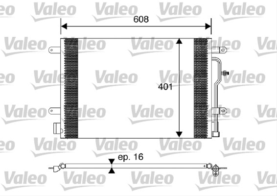 Condensator climatizare AC OEM/OES (Valeo), AUDI A4 (B6), 2000-12.2004; A6 (C5), 08.2001-01.2005 motor, aluminiu/ aluminiu brazat, 605 (575)x410x16 mm, fara filtru uscator 8E3285000