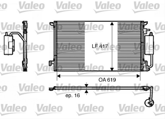 Condensator climatizare AC OEM/OES (Valeo), OPEL VECTRA C, 2004-2009; SIGNUM, 2004-2008, Fiat CROMA, 2005-, Saab 9-3, 2005-, Alfa Romeo 147; 2003-2010; motorizari 1,9 diesel, aluminiu/ aluminiu brazat, 660 (620)x415x16 mm, cu uscator filtrat