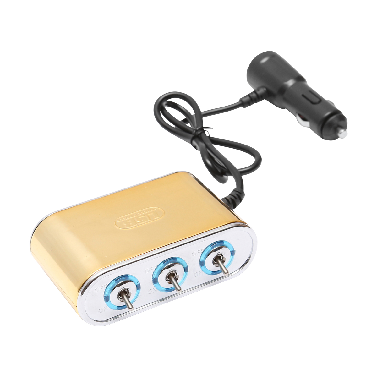 Adaptor bricheta auto tripla 12/24V auriu cu intrerupator individual si 1 port USB 5V 2.1a