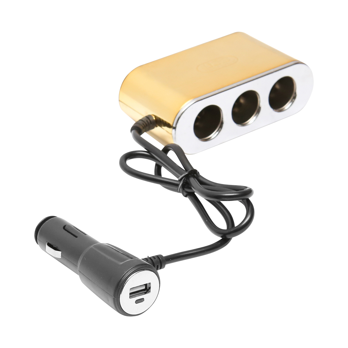 Adaptor bricheta auto tripla 12/24V auriu cu intrerupator individual si 1 port USB 5V 2.1a