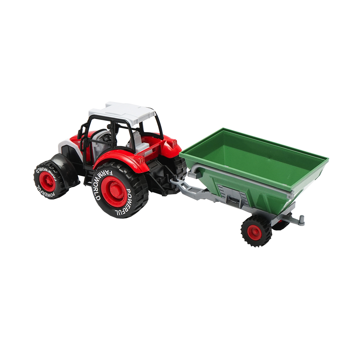 Jucarie tractor rosu cu remorca FARMWORLD verde