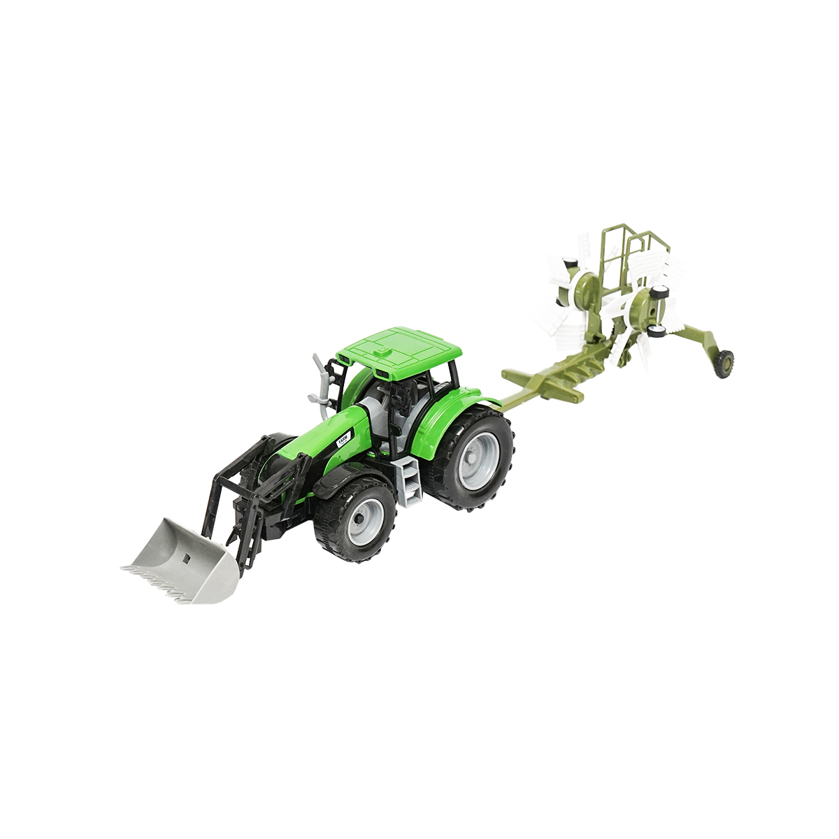 Tractor verde cu incarcator si utilaj agricol pentru ferma