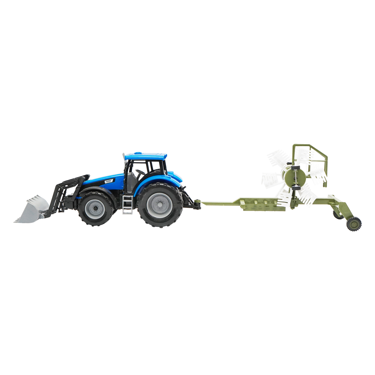Tractor albastru jucarie cu incarcator frontal si utilaj grebla agricola Farm Truck