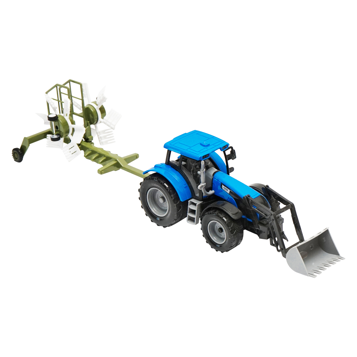 Tractor albastru jucarie cu incarcator frontal si utilaj grebla agricola Farm Truck