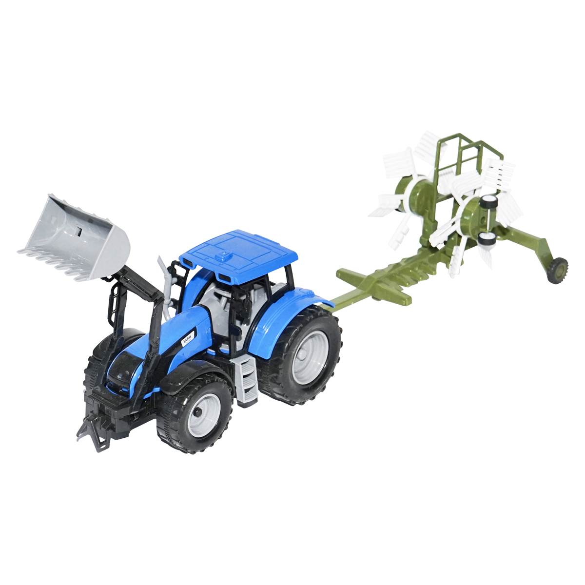 Tractor albastru jucarie cu incarcator frontal si utilaj grebla agricola Farm Truck
