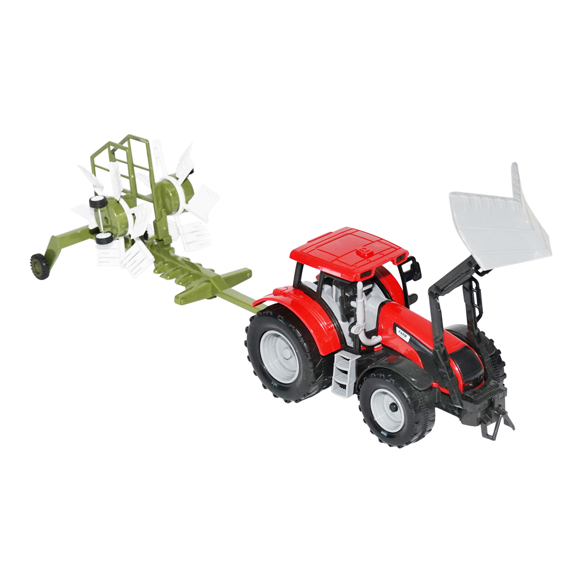 Tractor rosu jucarie cu incarcator frontal si utilaj grebla agricola Farm Truck