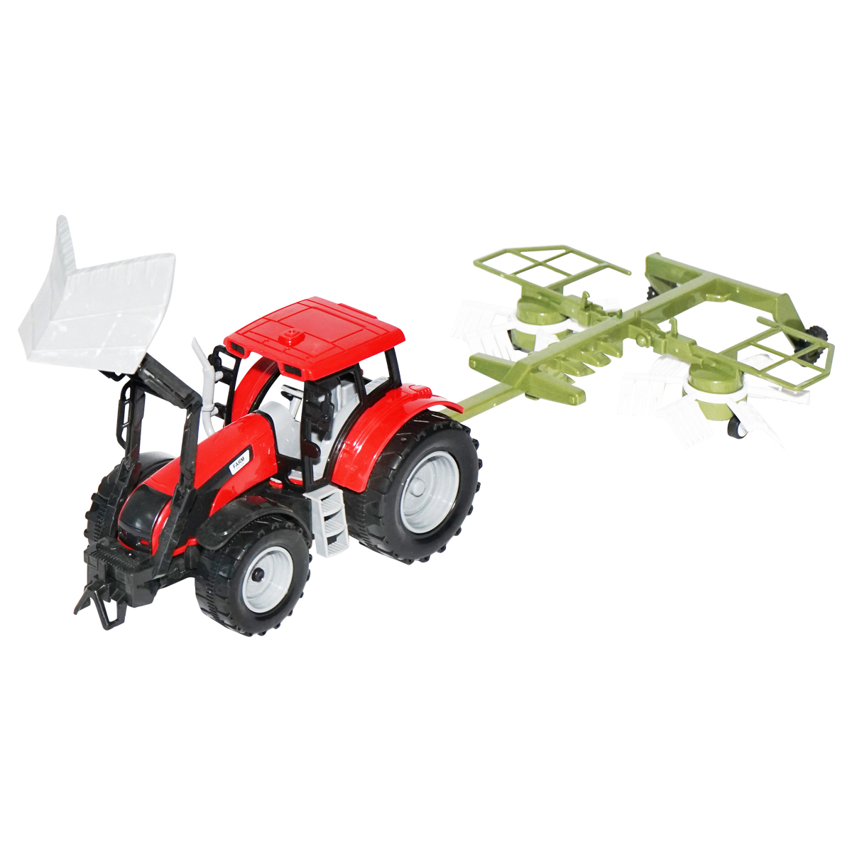 Tractor rosu jucarie cu incarcator frontal si utilaj grebla agricola Farm Truck