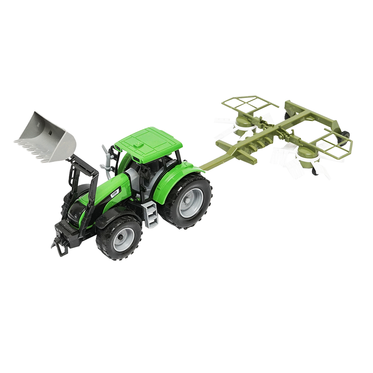 Tractor verde cu incarcator si utilaj agricol pentru ferma