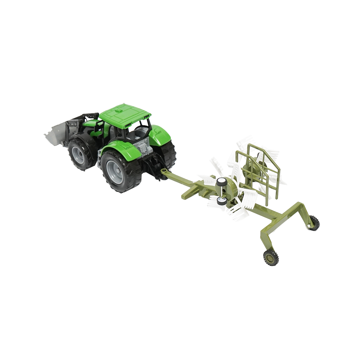 Tractor verde cu incarcator si utilaj agricol pentru ferma