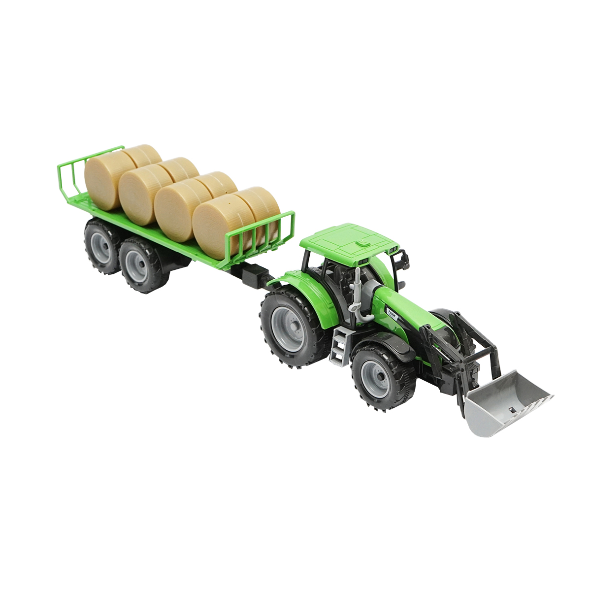 Jucarie tractor verde cu incarcator si remorca pentru baloti Jucarie tractor verde cu incarcator si remorca pentru baloti