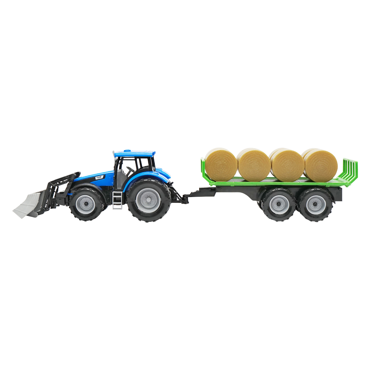 Tractor albastru jucarie cu incarcator frontal si remorca pentru baloti Farm Truck