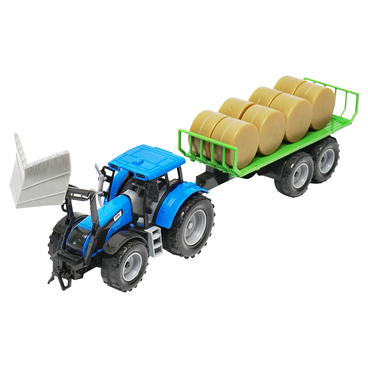 Tractor albastru jucarie cu incarcator frontal si remorca pentru baloti Farm Truck