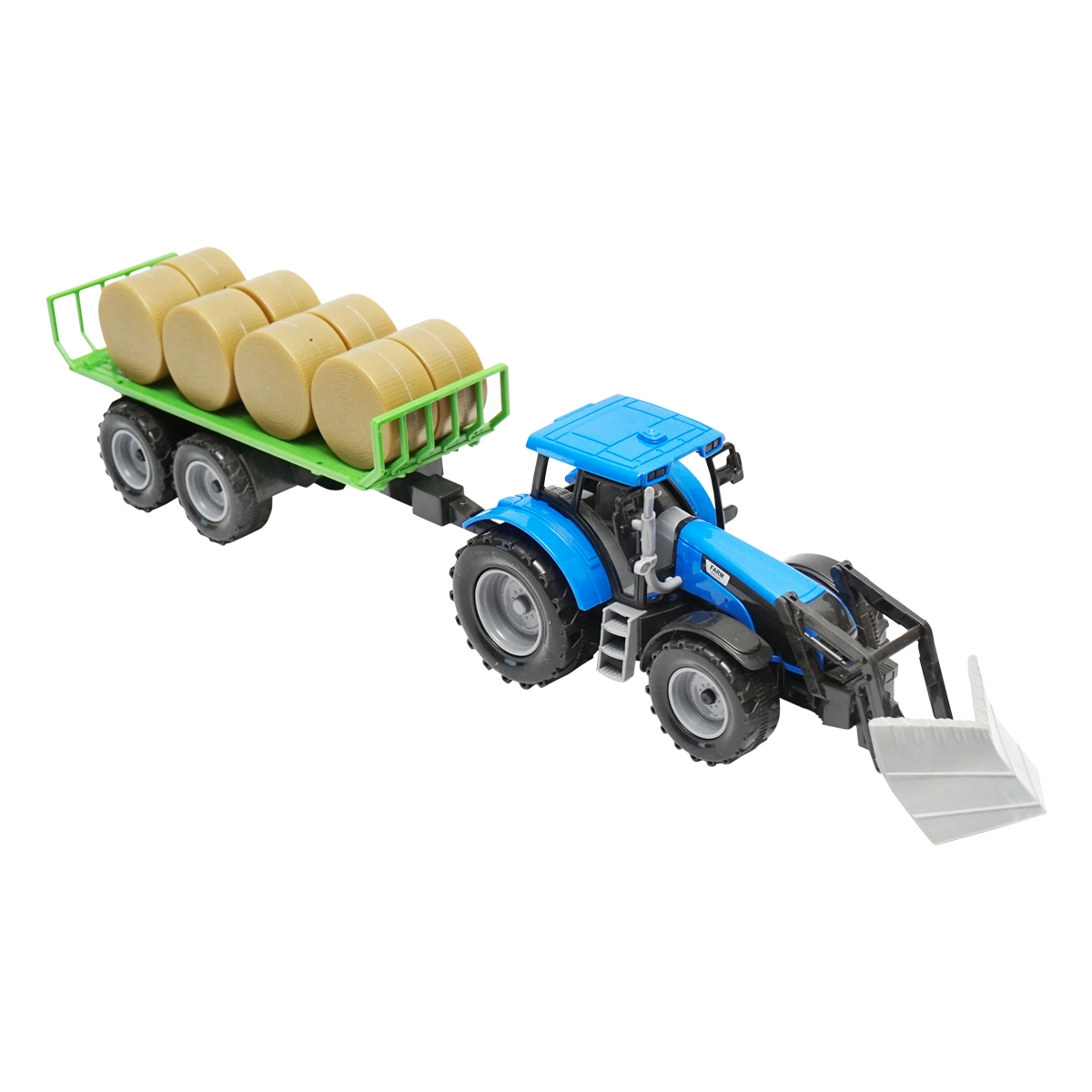 Tractor albastru jucarie cu incarcator frontal si remorca pentru baloti Farm Truck