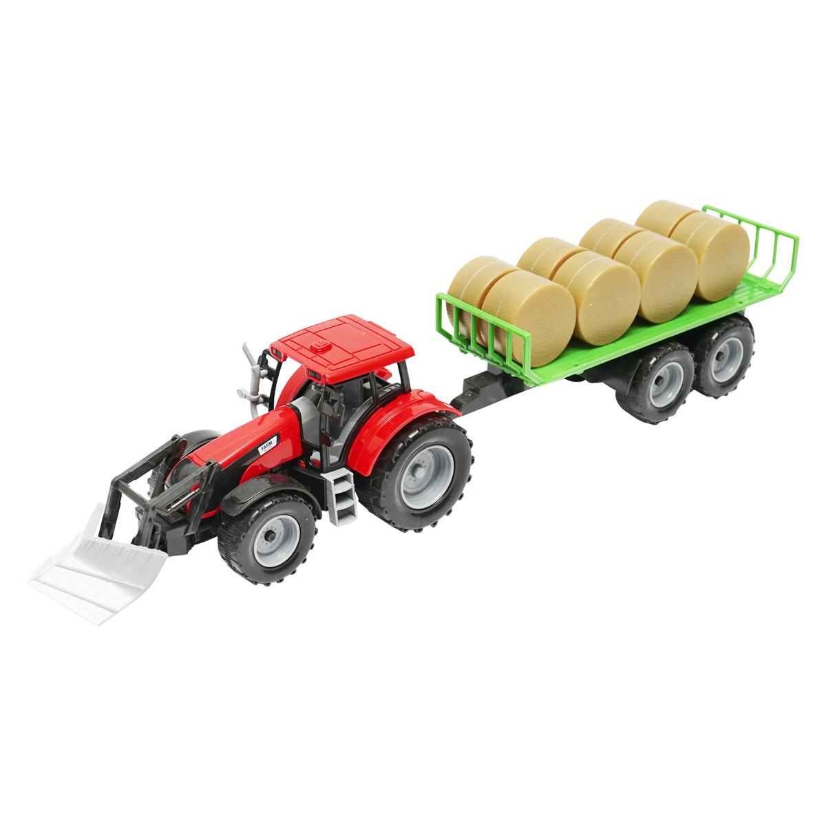 Tractor rosu jucarie cu incarcator frontal si remorca pentru baloti Farm Truck