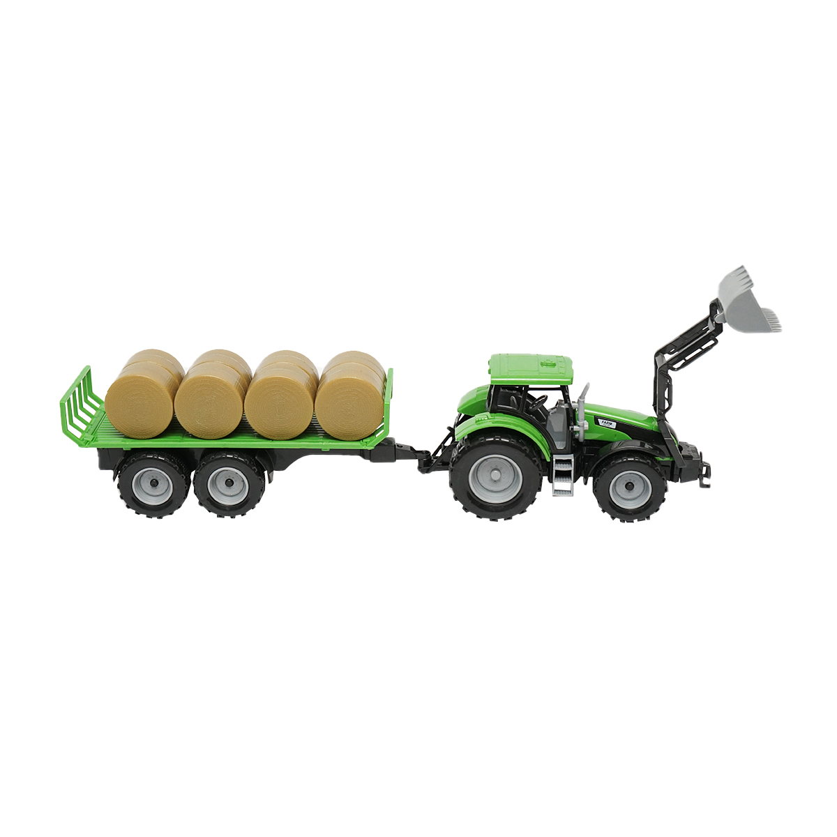 Jucarie tractor verde cu incarcator si remorca pentru baloti