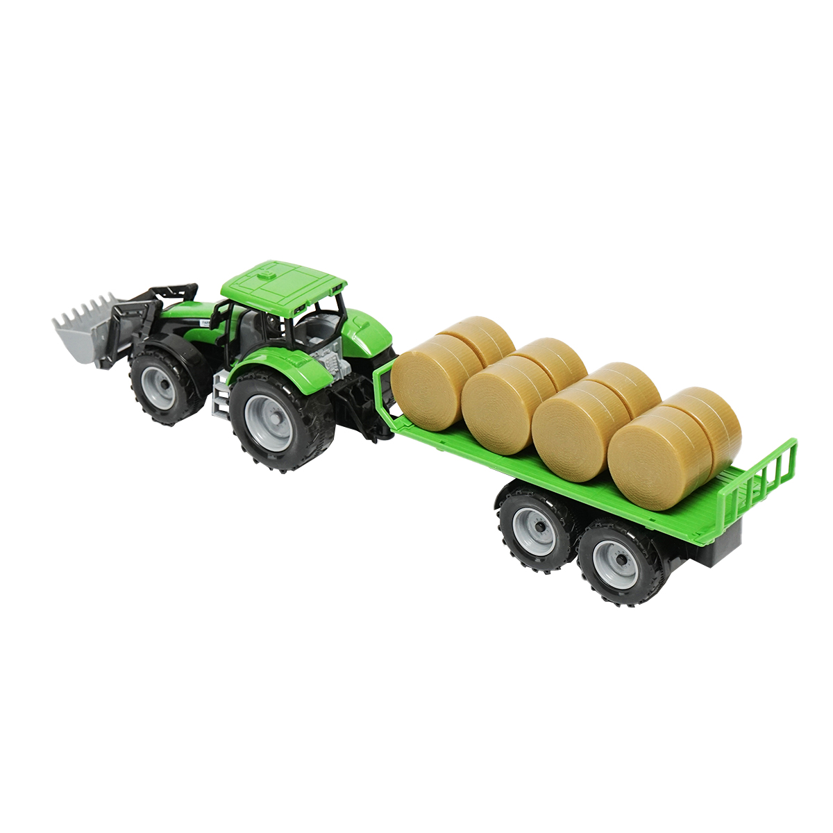 Jucarie tractor verde cu incarcator si remorca pentru baloti