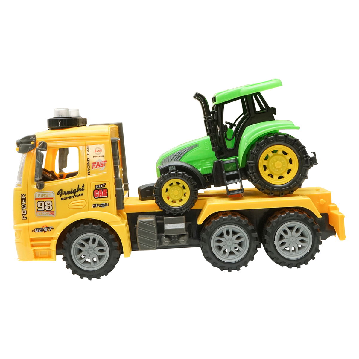 Camion galben cu detalii autentice de tip trailer pe baterii impreuna cu tractor verde de jucarie
