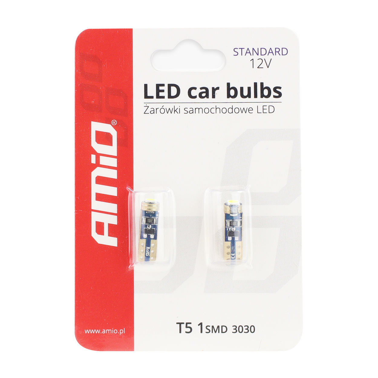 Set 2 becuri auto Amio 12V T5 W2x4.6d cu 1 led SMD 3030, alb