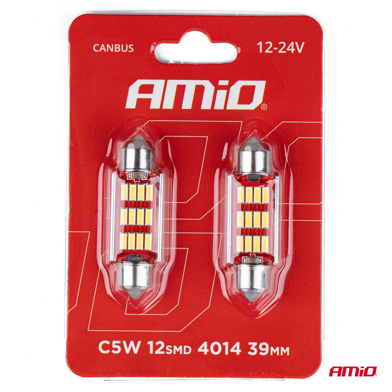 Set 2 becuri auto Amio LED, C5W SV8.5-8, 12SMD 4014, 2.9W, 39mm, Canbus, 12-24V, leduri alb sofit Festoon