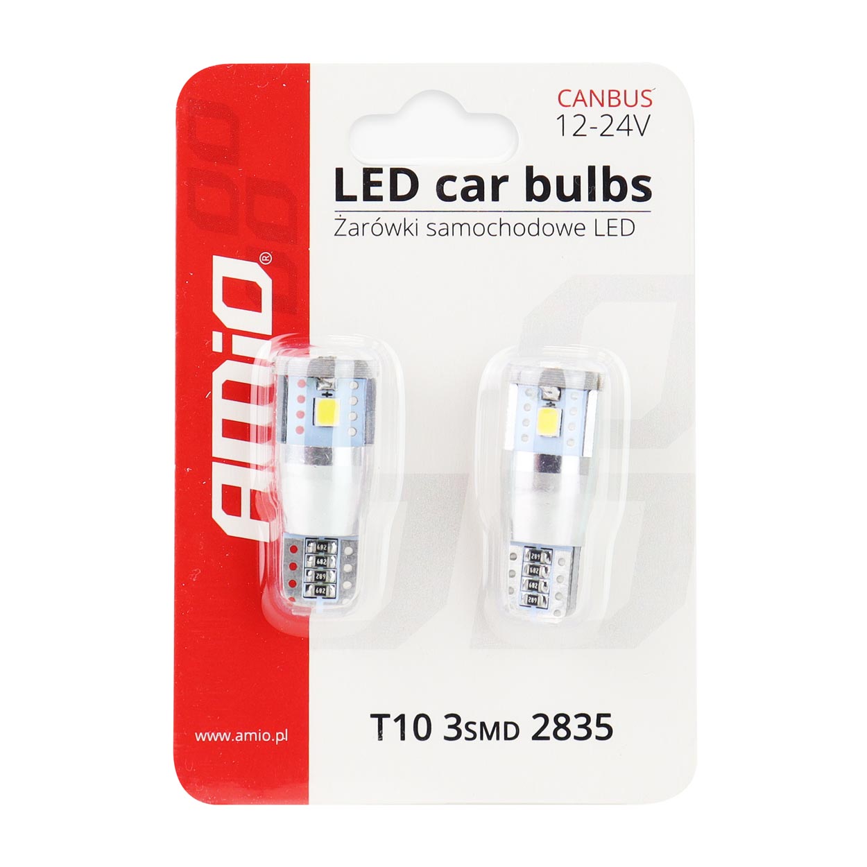 Bec de pozitie tip LED Canbus, T10 W2.1x9.5 W5W, 12V-24V, 3 SMD 2835, 2.4W, culoare alb, carcasa aluminiu, AMIO, set 2 buc