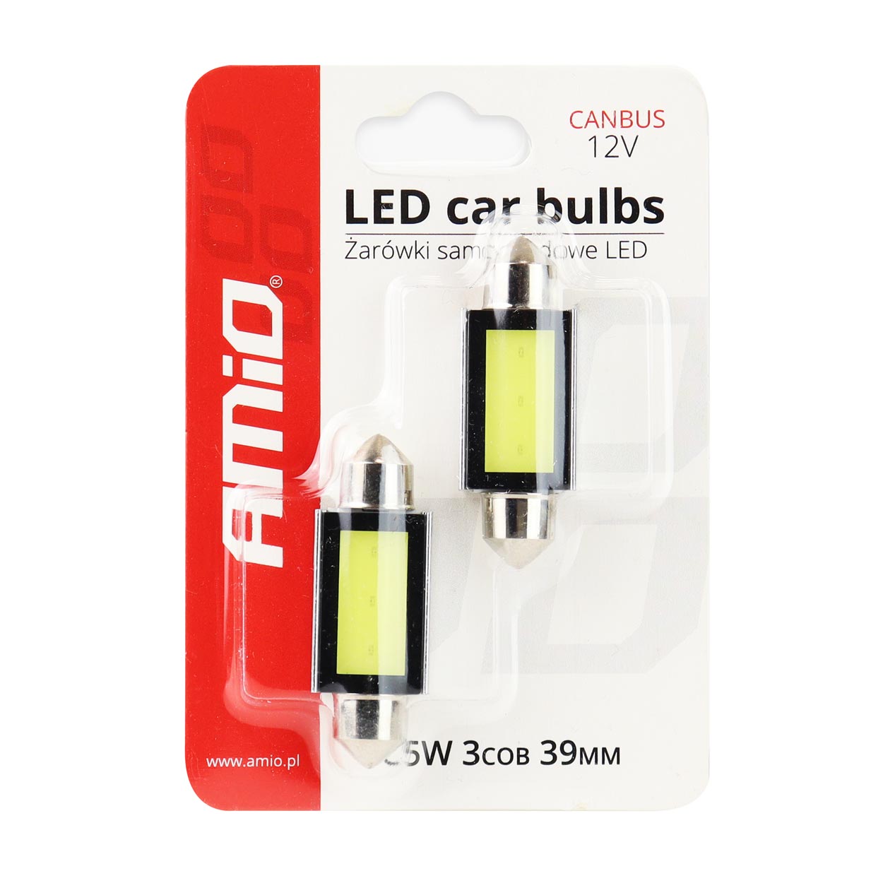 Set 2 becuri auto Amio LED, C5W SV8.5-8, 1 LED COB3, 2.4W, 39mm, Canbus, 12V, leduri alb sofit Festoon