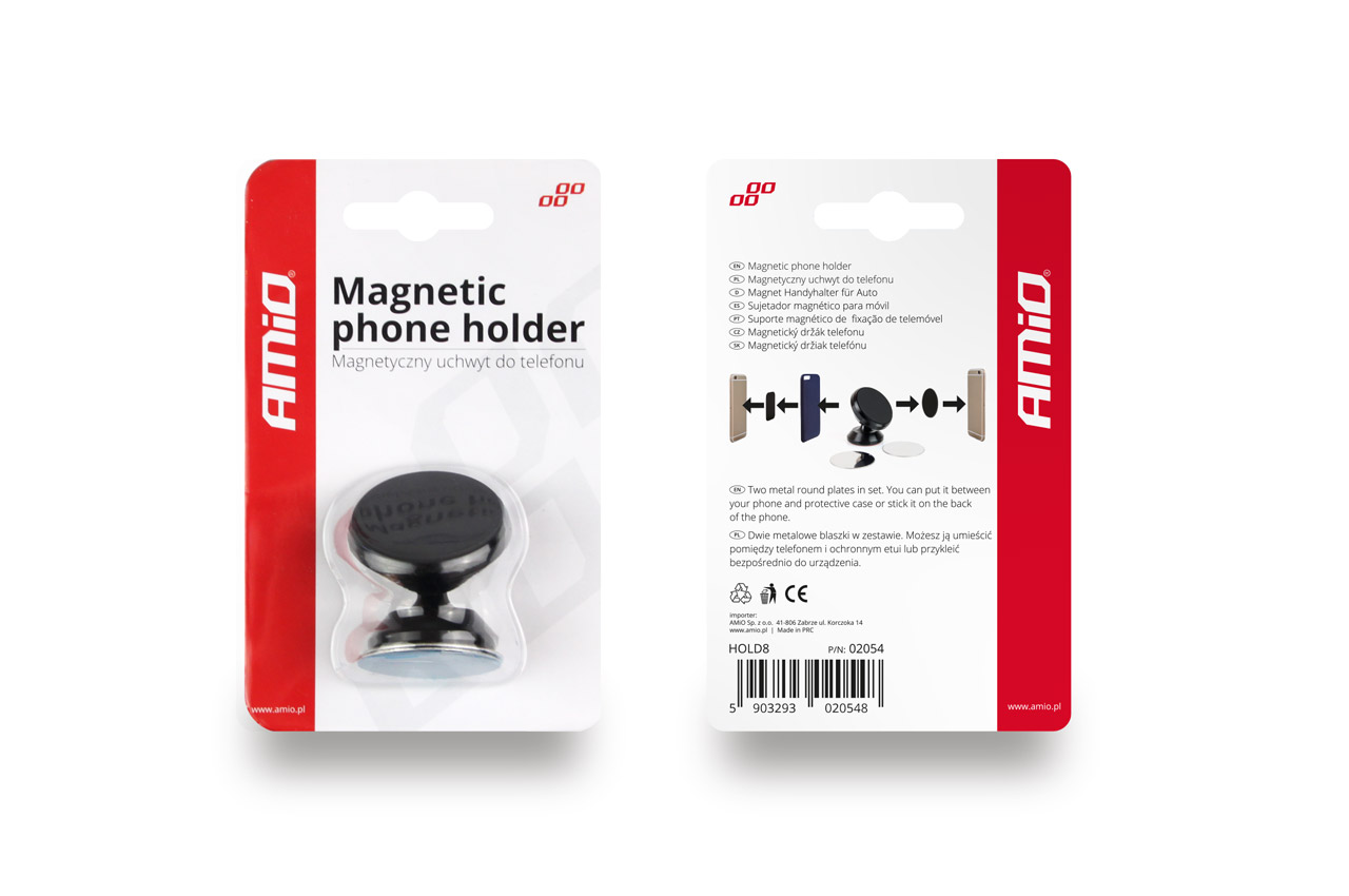 Suport auto pentru telefon AMIO HOLD-08, magnetic, 48x48mm, fixare banda dubla adeziva