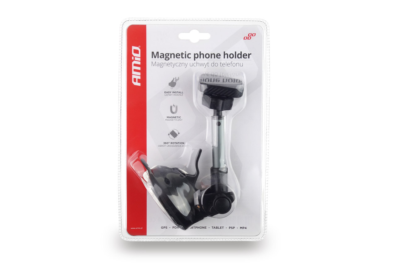 Suport auto pentru telefon AMIO HOLD-14, magnetic, cu brat reglabil, fixare ventuza, rotatie 360