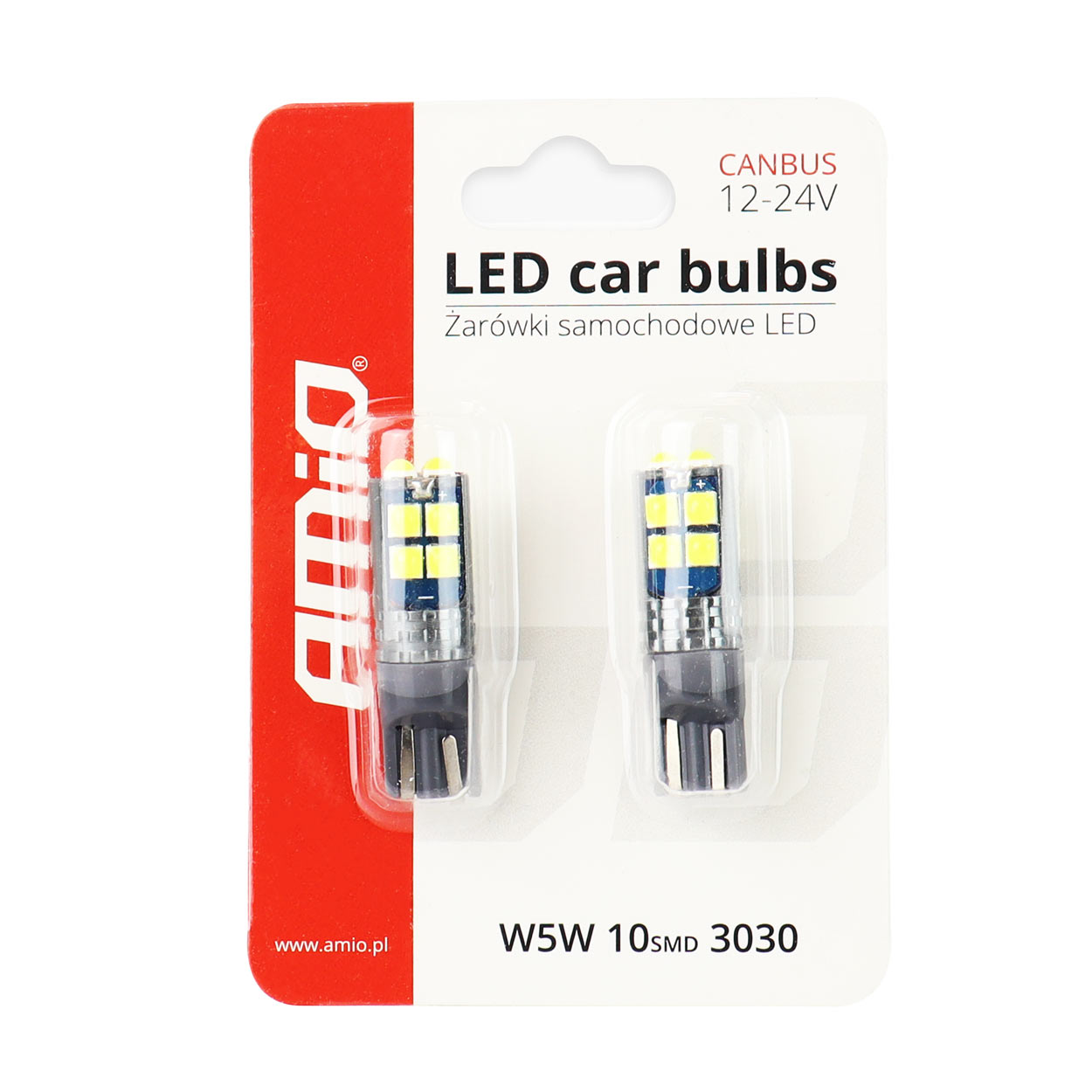 Bec de pozitie tip LED CANBUS, T10 W2.1x9.5 W5W, 12V-24V, 10 LED SMD 3030, culoare alb, AMIO, set 2 buc