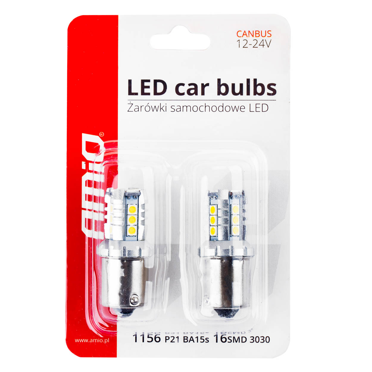 Bec semnalizare AMIO LED Canbus, BA15S P21W R10W R5W Alb 12V/24V, 3030 16SMD 1156, set 2 buc