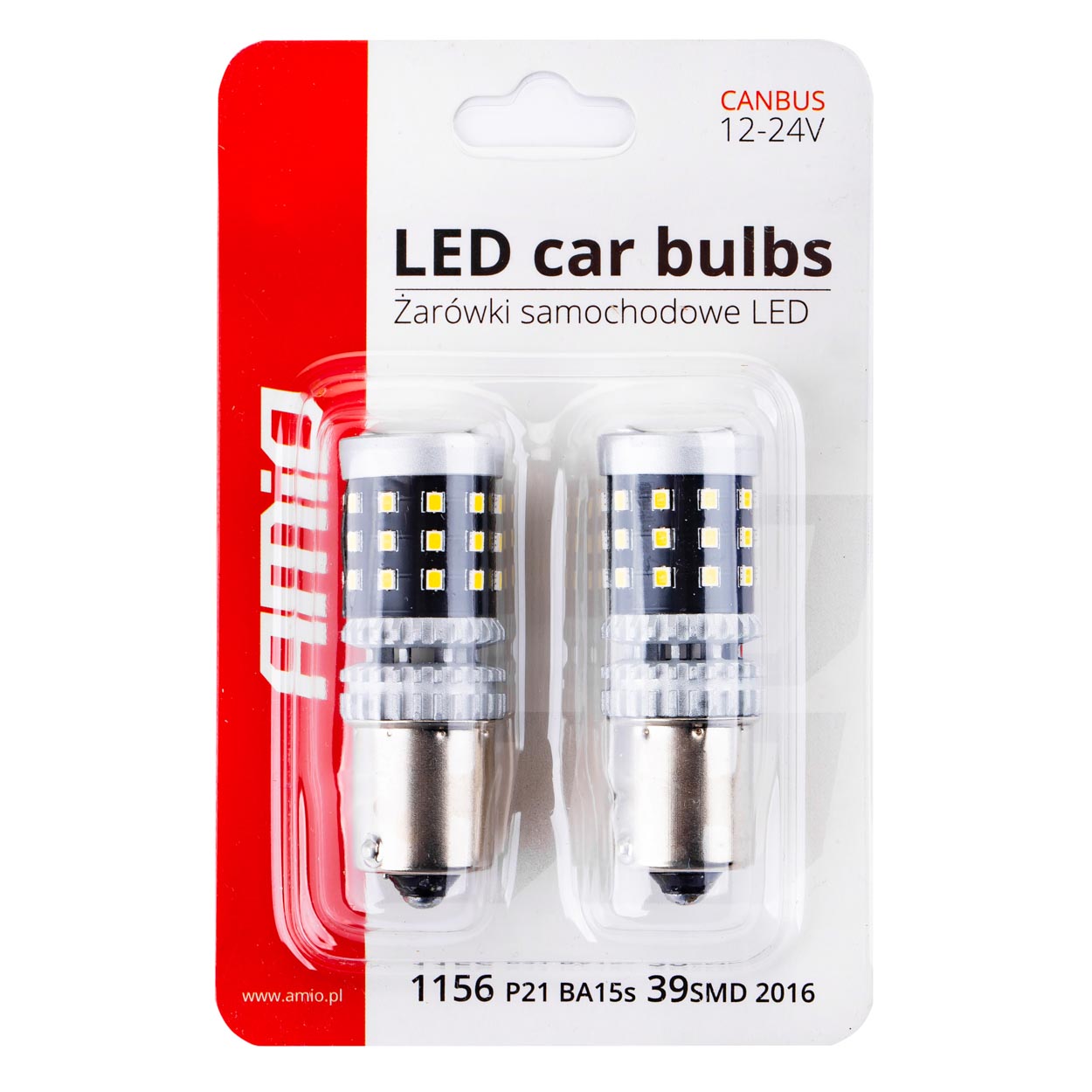 Bec semnalizare AMIO LED Canbus, BA15S P21W R10W R5W Alb 12V/24V, 2016 39SMD 1156, set 2 buc