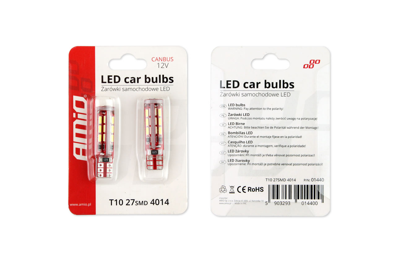 Bec de pozitie tip LED Canbus, T10 W2.1x9.5 W5W, 12V, 1.9W, 27 SMD 4014 , culoare alb , AMIO, set 2 buc