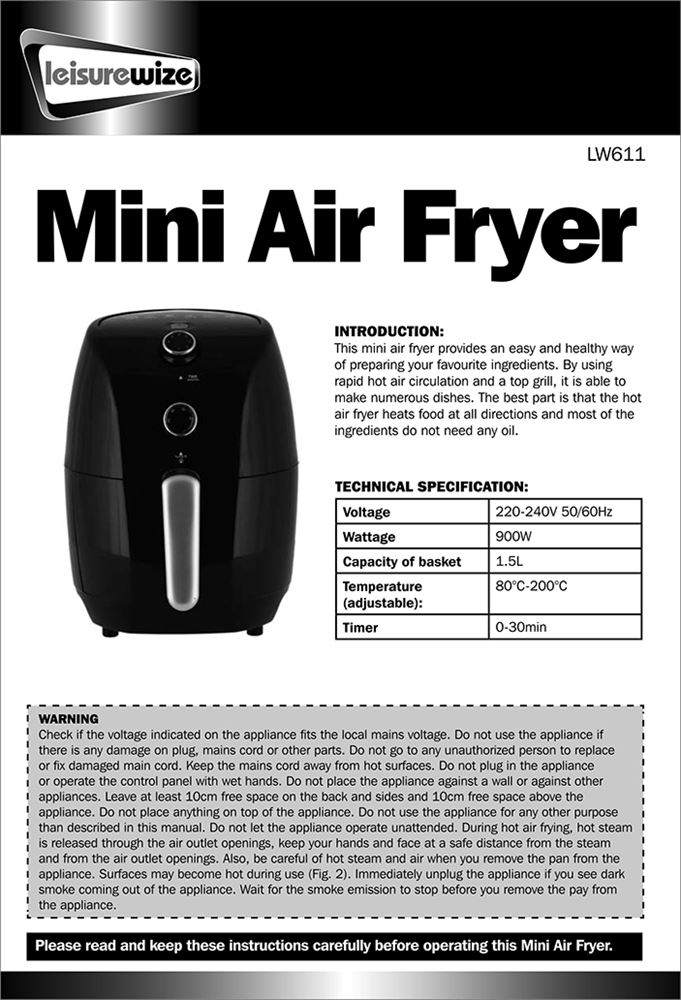 Friteuza fara ulei cu aer cald Streetwize Airfryer , 1.5 L, 80-200 grade, 900W, timer 30 min