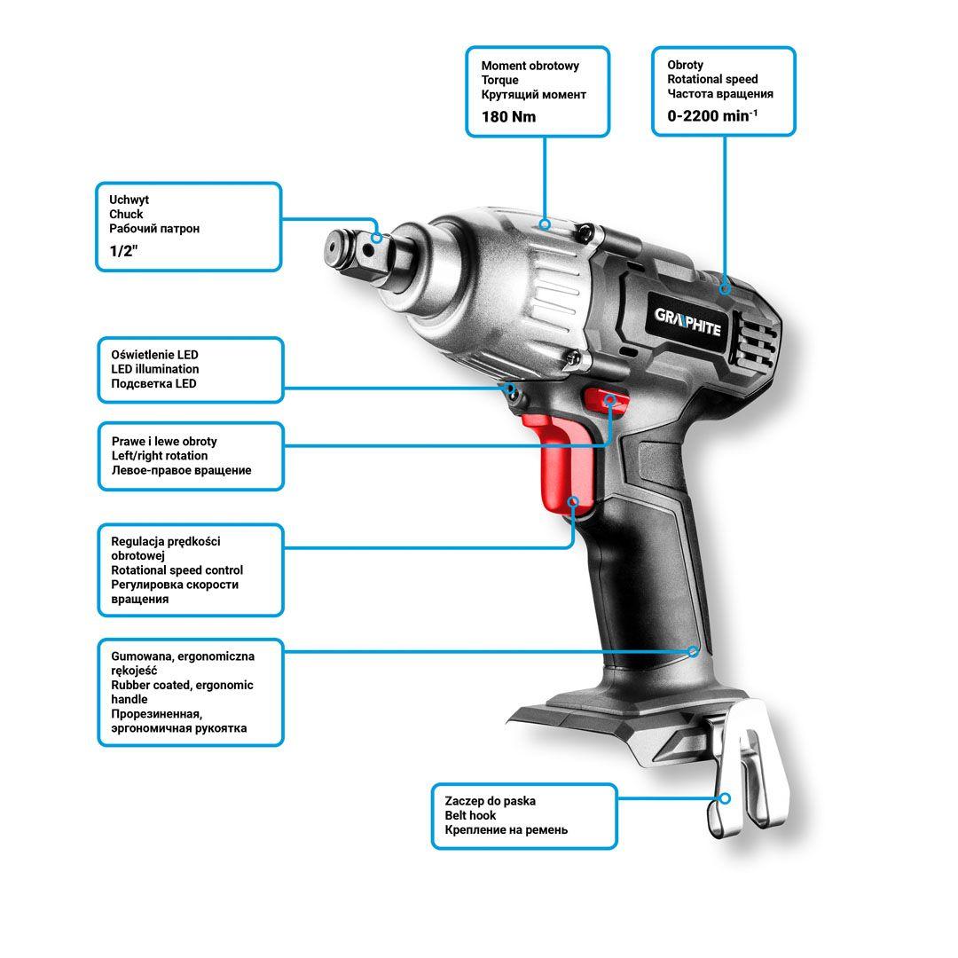 Cheie-pistol impact Energy+ 18V, Li-Ion (fara acumulator inclus) 58G018