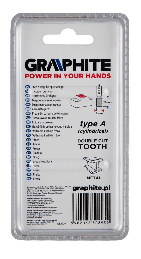 Freza rotativa din carbura HM, tip A (cilindrica), 8x20mm, tija 6x45mm 55H351
