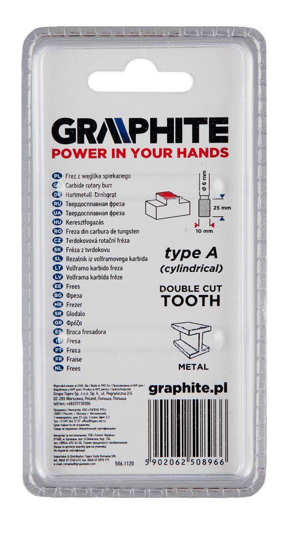 Freza rotativa din carbura HM, tip A (cilindrica), 10x25mm, tija 6x45mm 55H352