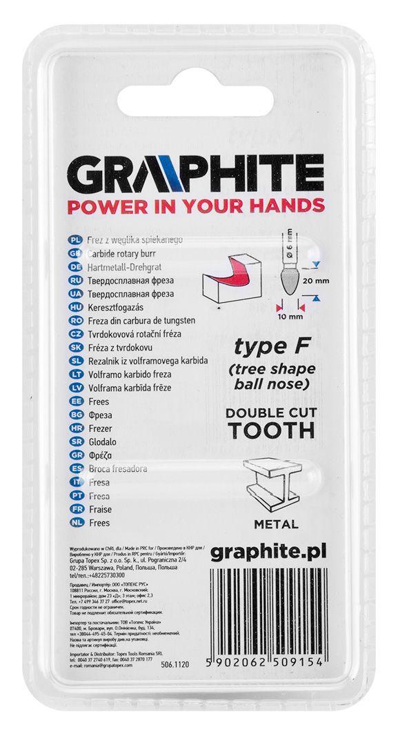 Freza rotativa din carbura HM, tip F (ovala rotunjita), 10x20mm, tija 6x45mm 55H371