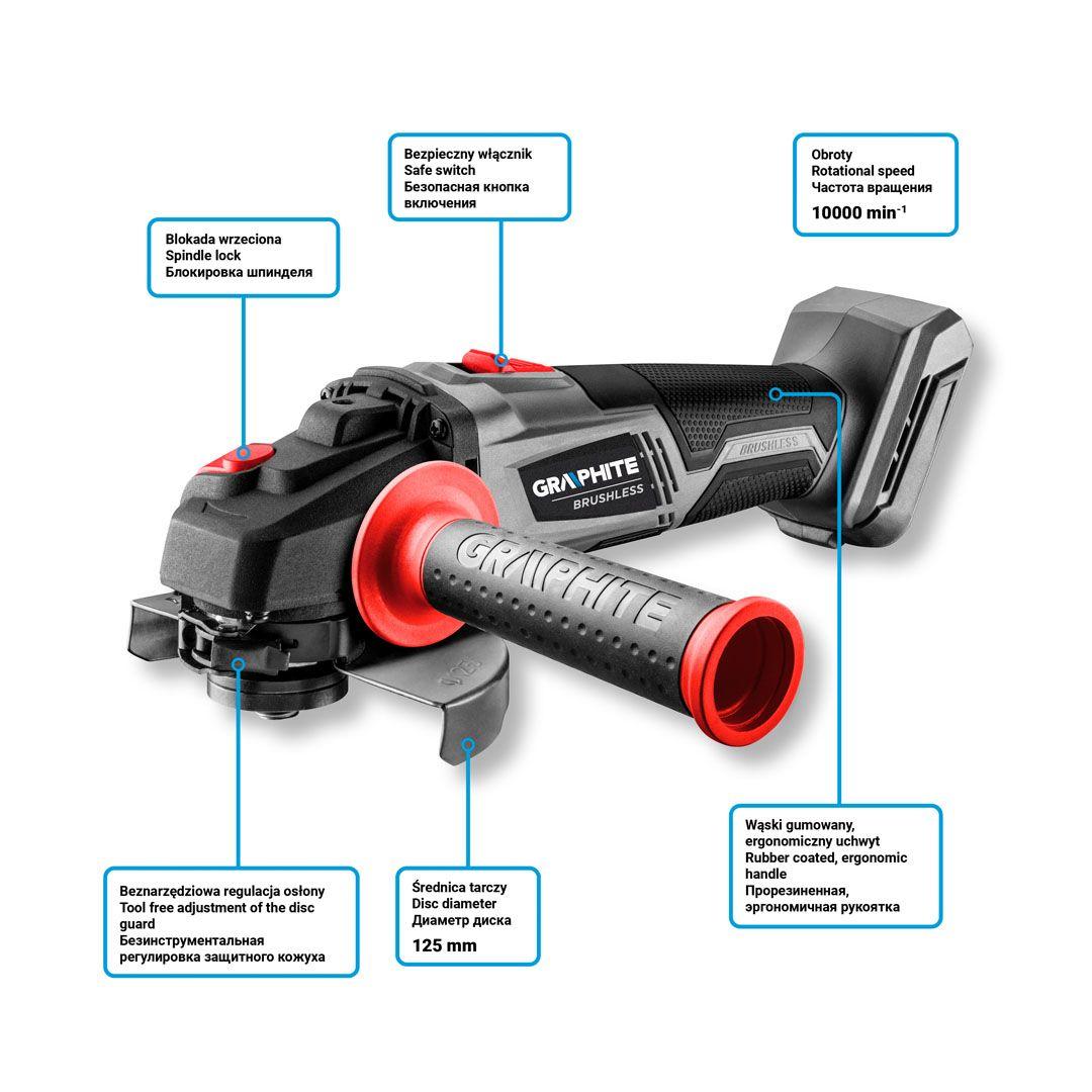 Polizor unghiular Energy+ 18V, LI-ion,disc 125mm, sistem brushless (fara acumulator inclus) 58G026