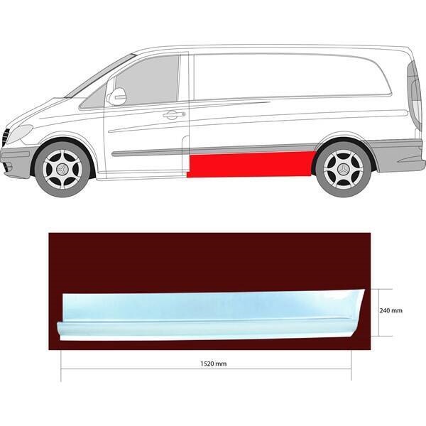 Piese de reparatie pentru prag lateral Mercedes Vito/ Viano (W639), 01.2003-2014, partea Stanga, Tabla; lungime 1555 mm, inaltime 250 mm, doar pentru modele versiune LONG