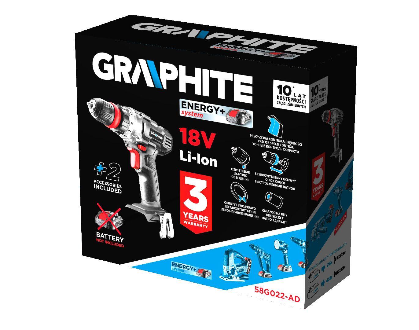 Masina de gaurit/insurubat , Energy+ 18V, Li-Ion, suport detasabil de 10 mm, plus adaptor unghiular si adaptor de colt, fara acumulator 58G022-AD