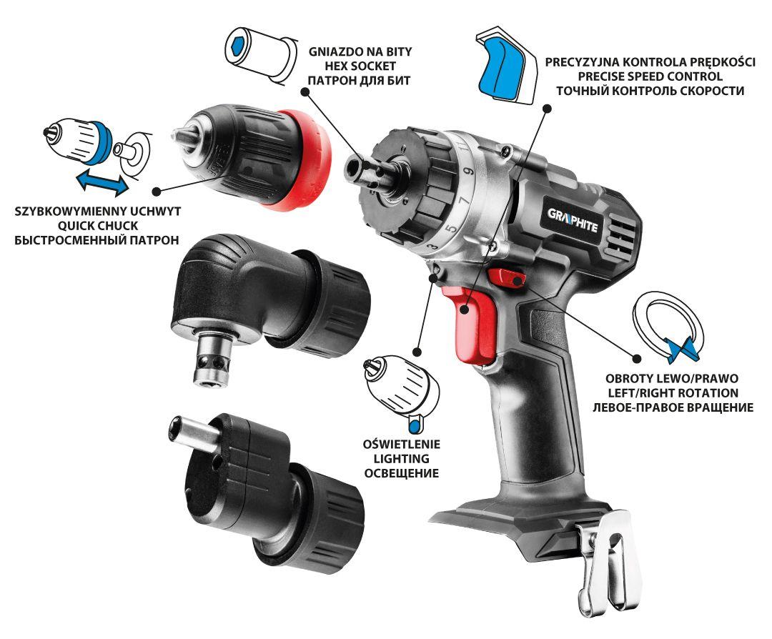 Masina de gaurit/insurubat , Energy+ 18V, Li-Ion, suport detasabil de 10 mm, plus adaptor unghiular si adaptor de colt, fara acumulator 58G022-AD