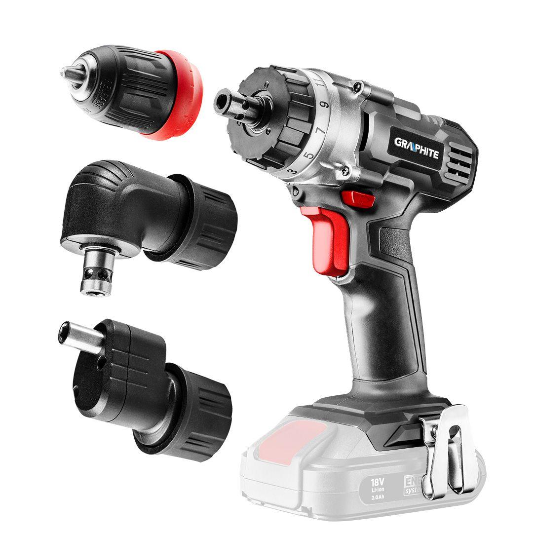 Masina de gaurit/insurubat , Energy+ 18V, Li-Ion, suport detasabil de 10 mm, plus adaptor unghiular si adaptor de colt, fara acumulator 58G022-AD